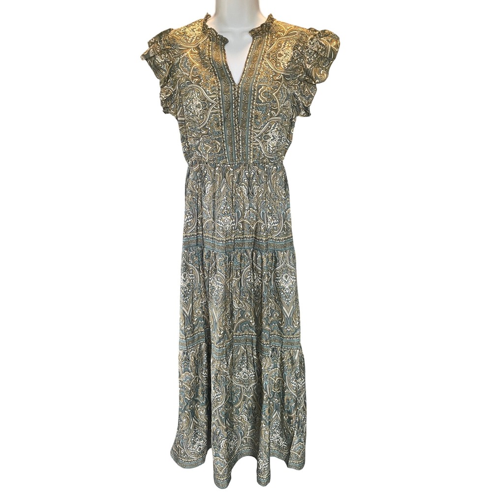 Y2K Forest Fairy Paisley Tiered Cottage Maxi Dress Size M Ethereal Festival Sage